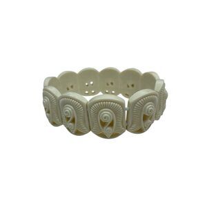Vintage Faux Ivory Carved Stretch Bracelet Tribal Boho Panel Design Jewelry 7in